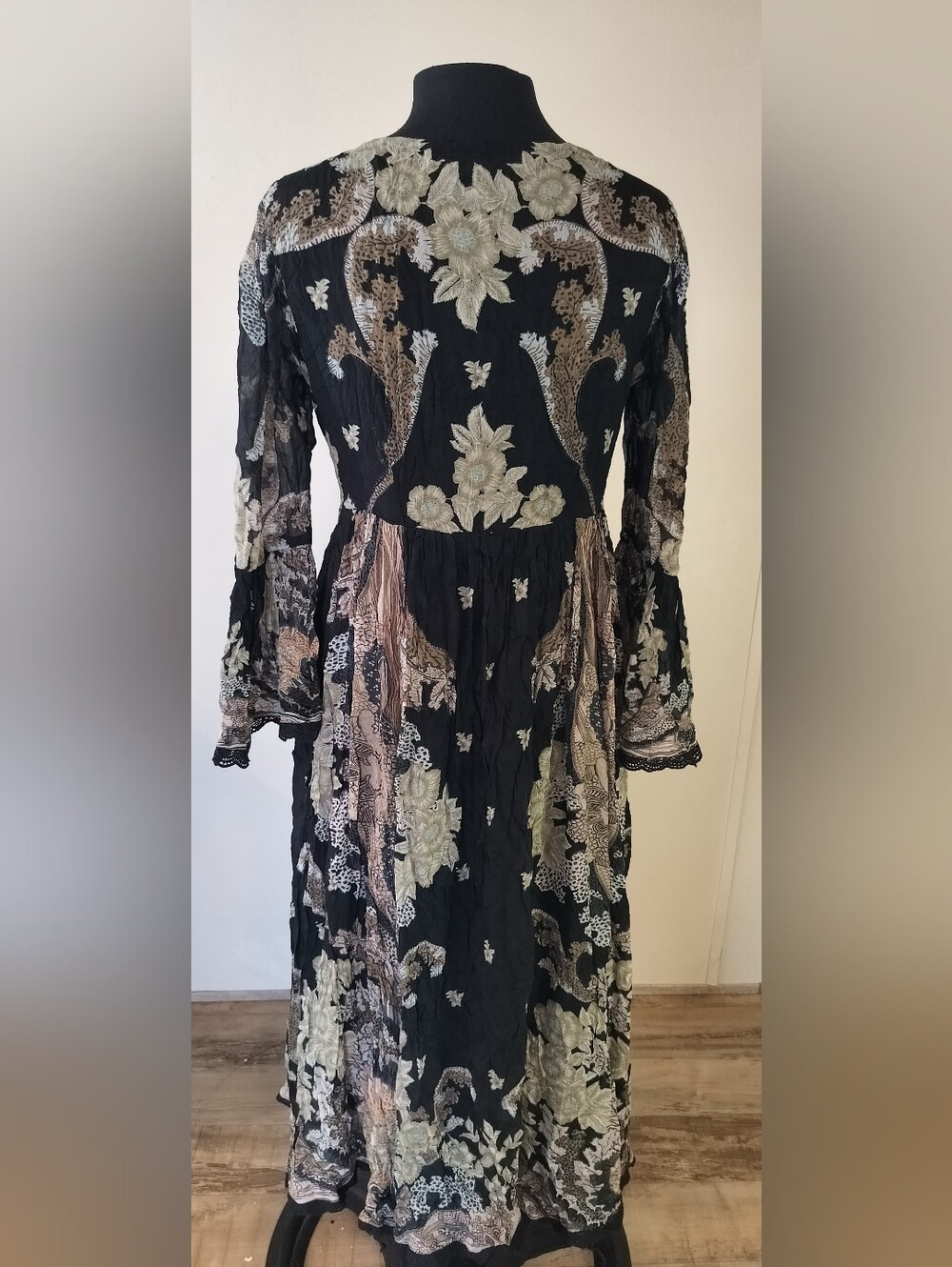 Ritu Kumar Black Embroidered Midi  Dress with Gold and Cream Accents - Picture 2 of 7